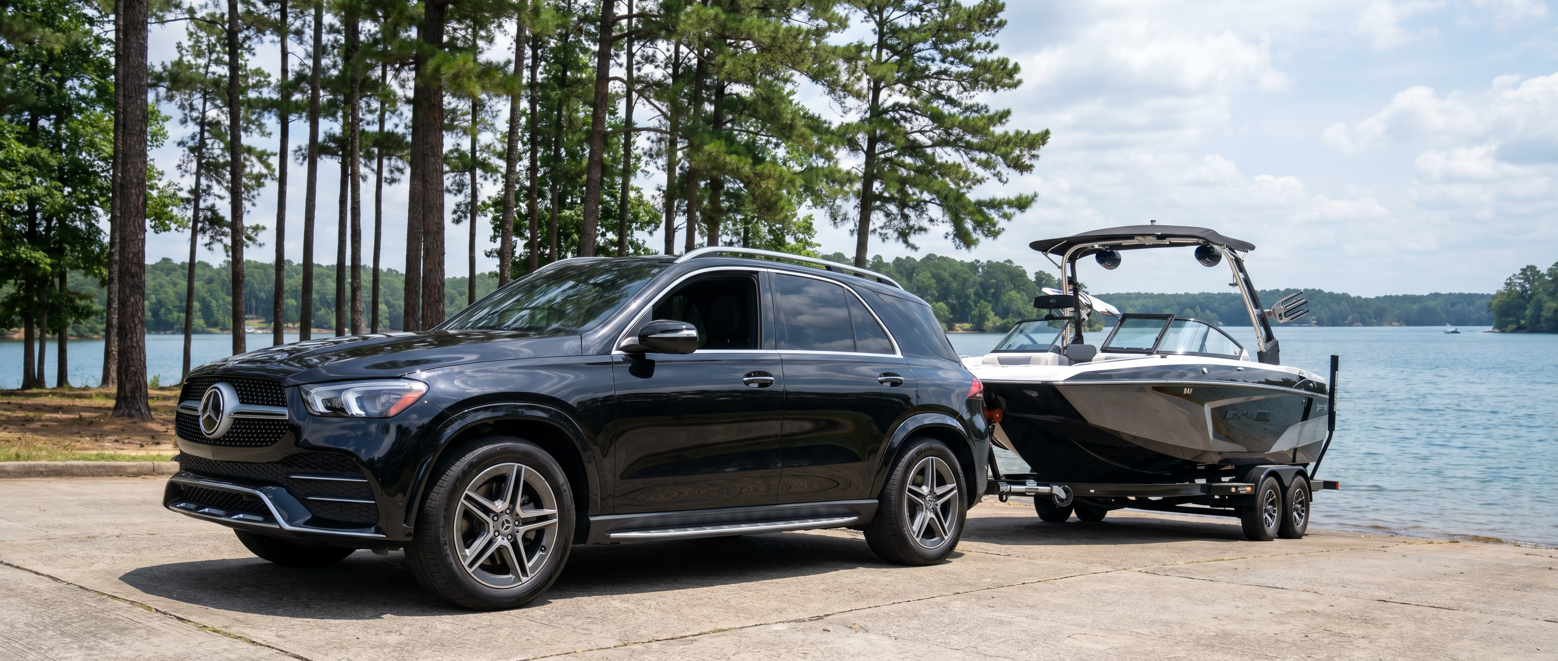 Mercedes-Benz SUV towing boat at Lake Lanier near Duluth, GA